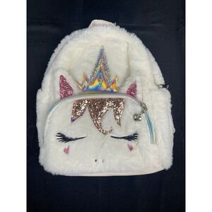 Unicorn‎ Plush Mini Backpack White Faux Fur Glitter Holographic Crown Pink Bag
